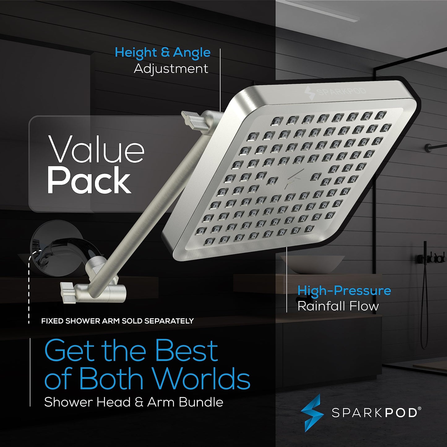 SparkPod Square Rain Shower Head with Shower Head Extension Arm - High Pressure Rain - Luxury Modern Look - No Hassle Tool-less 1-Min Installation (11" Shower Arm Extension, Elegant Brushed Nickel)