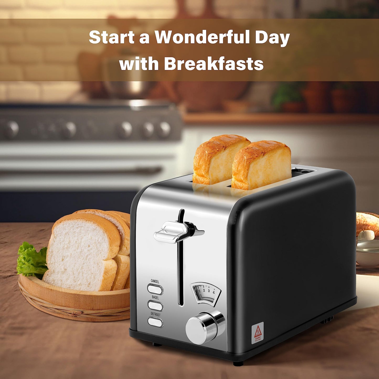 Simple Deluxe 1.5" Wide Slot 2-Slice Toaster, 5 Browning Setting and 3 Function, Retro Stainless-Steel Style, Removable Crumb Tray, Kitchen Essentials, for Bagel, Black