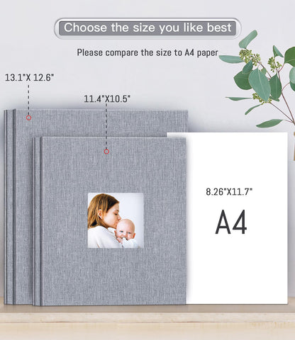 Popotop Photo Album Self Adhesive with Picture Display Window,40 Pages DIY Baby Memory Book for 4x6 8x10 Picture,Linen Cover Scrapbook for Wedding,with Scraper and Metallic Pen