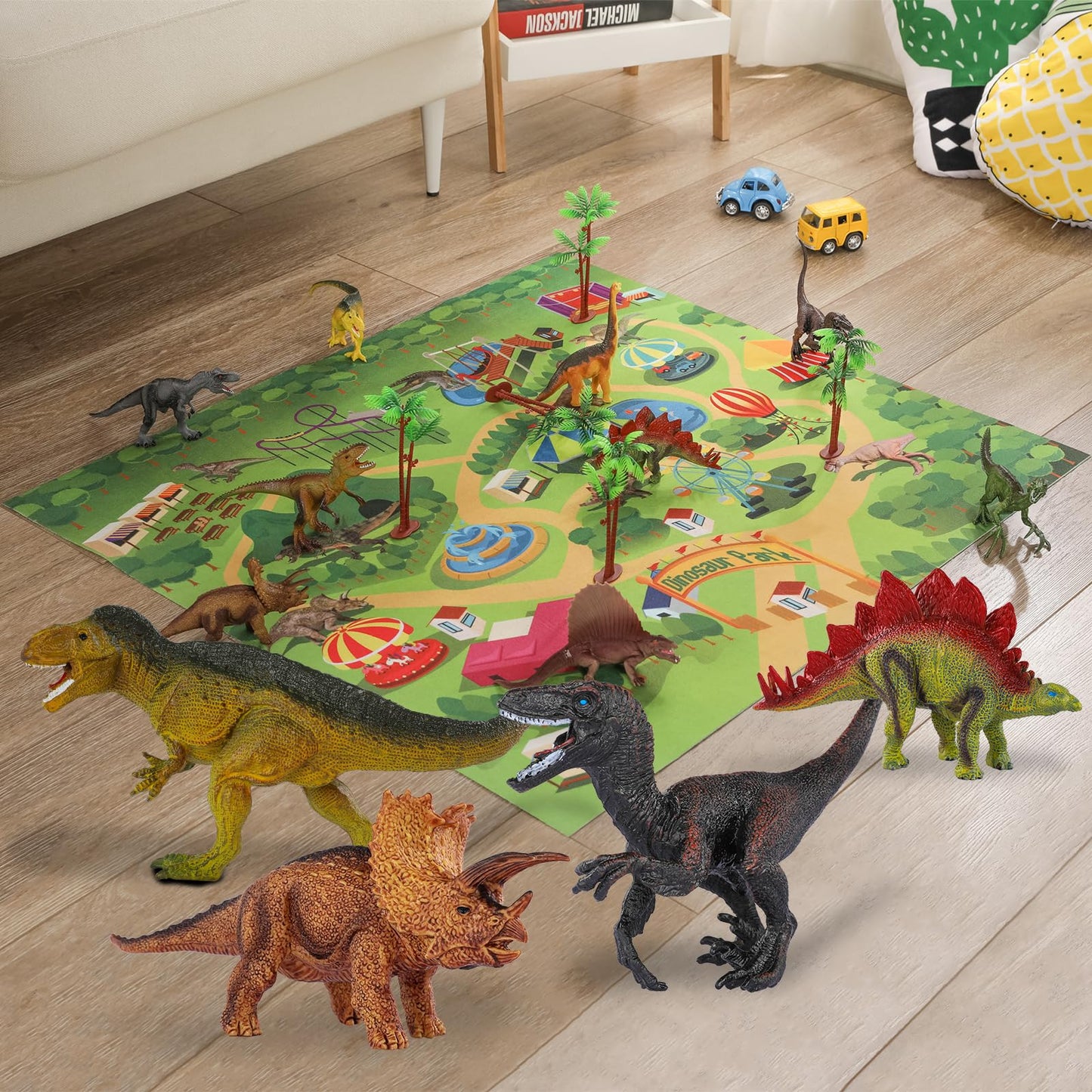 TEMI Dinosaur Toys for Kids 3-5, Realistic Jurassic Dinosaurs Figures with Play Mat & Trees to Create a Dino World Includes T-rex, Triceratops, Velociraptor, Gift for Toddler Boys and Girls 3 4 5 6 7