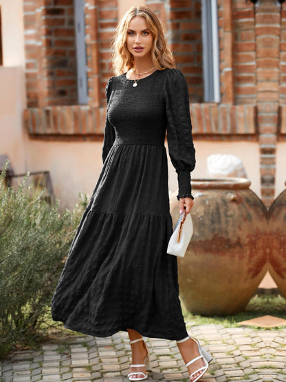 PRETTYGARDEN Women 2024 Puff Long Sleeve Crewneck Smocked Maxi Dress Solid Empire Waist Tiered A-line Swing Flowy Long Dress(Black,X-Large)