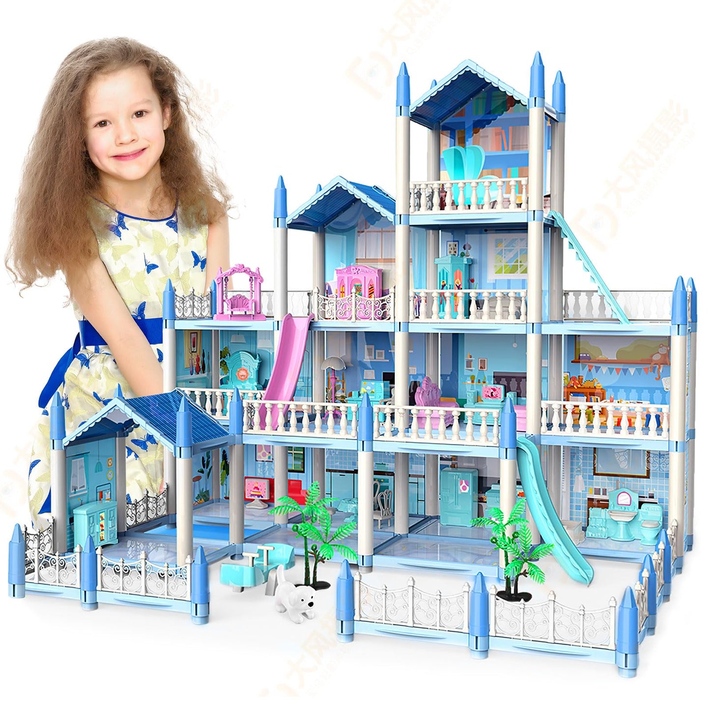 Doll House, Dream Doll House Girls Toys, 4 Story 14 Rooms Dollhouse with 4 Dolls, Dollhouse Furniture Accessories with Light, Toddler Playhouse Gift for 3 4 5 6 7 8 9 10 Year Old Girls Toys (blue04)