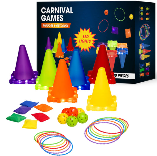 Carnival Outdoor and Indoor Games with LED Lights Combo Set for Kids 3 in 1 Throwing Game Toys Ring Toss, 30 Piece Cornhole Bean Bags, Plastic Cone Games, with LED Lights for Kids Night Play