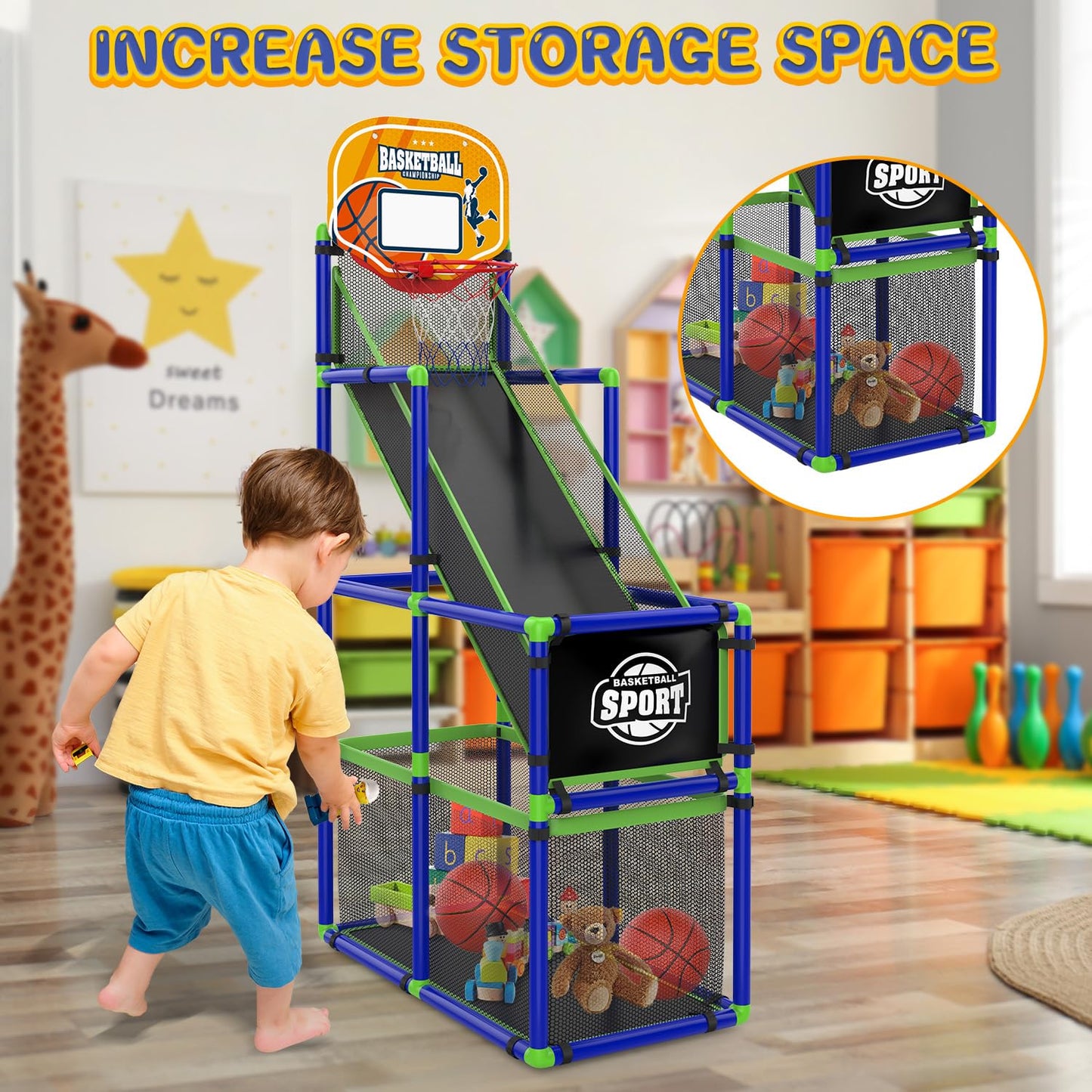 EagleStone Toddler Arcade Basketball Hoop Game Indoor, Ajustable Height Indoor Basketball Hoop with Storage Design for Kids,Perfect Sports & Outdoor Play Toys for Kids Age 3-4 5-4 4-8