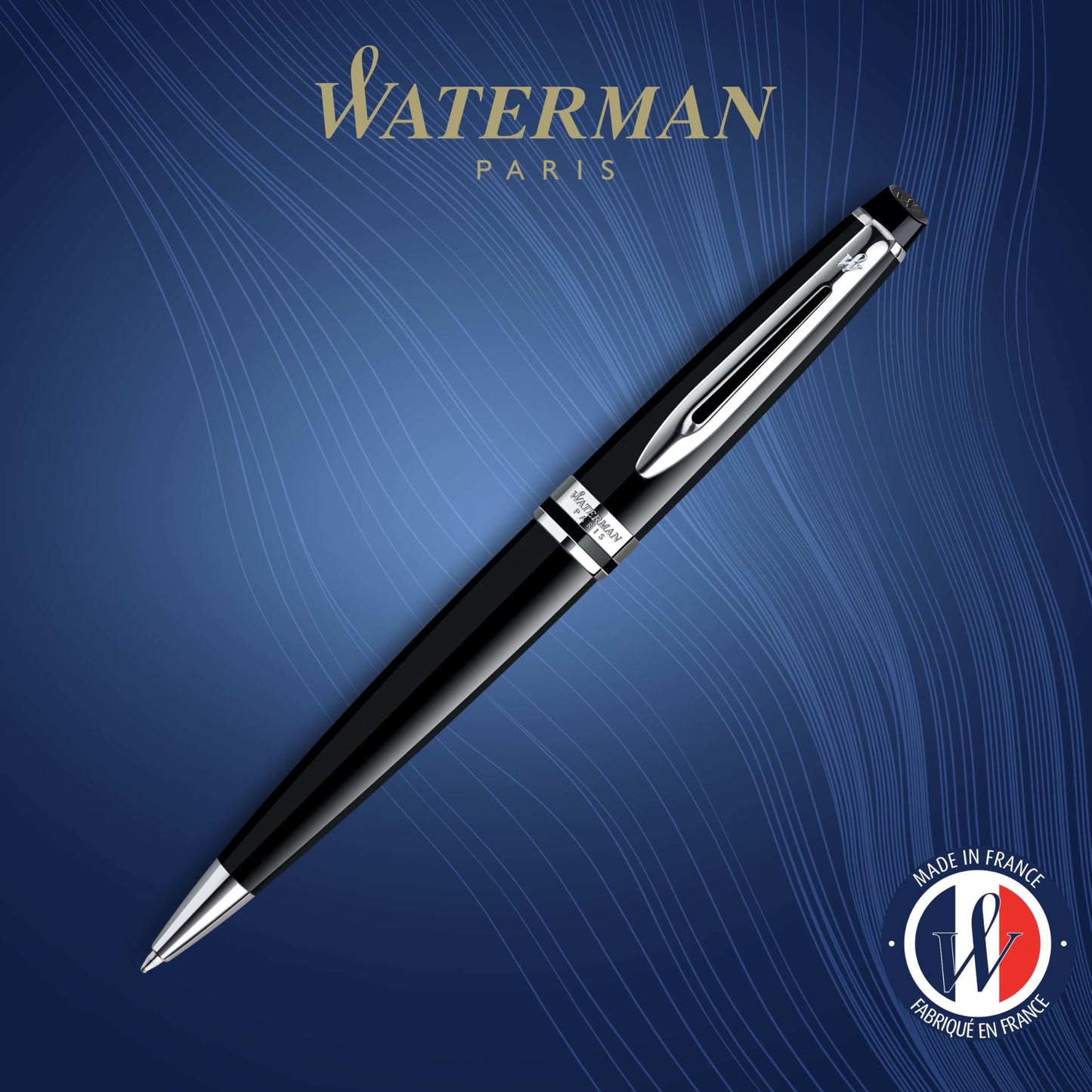 Waterman Expert Ballpoint Pen | Gloss Black with Chrome Trim | Medium Tip | Blue Ink | Gift Box