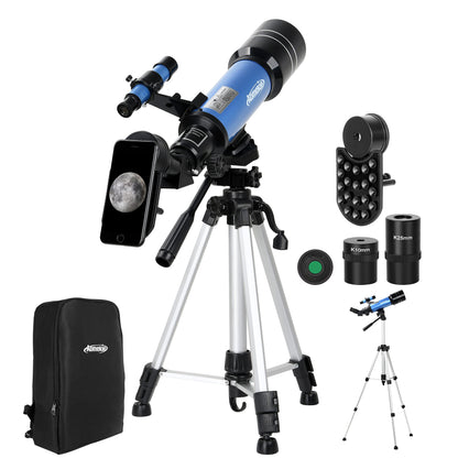 AOMEKIE Telescopes for Adults Astronomy with Backpack Telescope for Beginners with Metal Kellner Eyepieces 70mm Travel Telescope Adjustable Tripod 3X Barlow Lens Phone Adapter