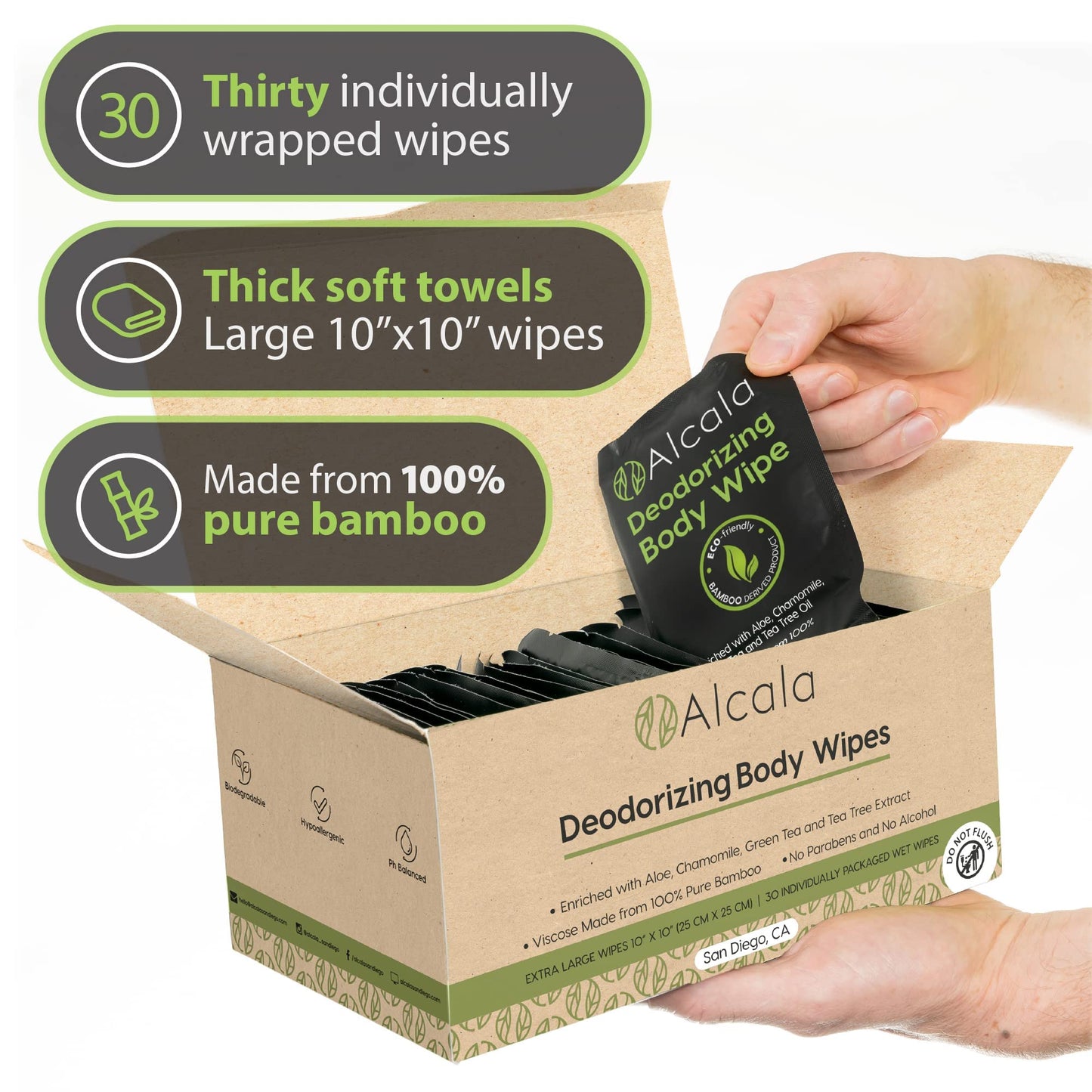 30 Pack Biodegradable Body Wipes with Aloe