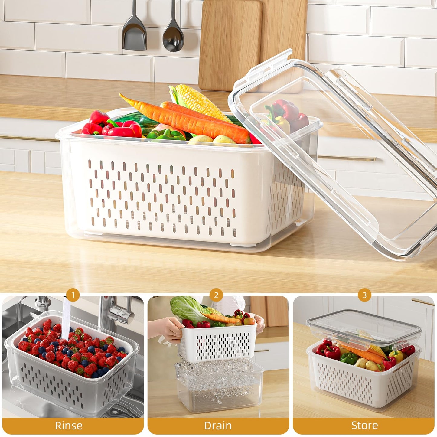 KEMETHY 4 Pcs Large Fruit Storage Containers For Fridge with Removable Colanders, Airtight Food Storage Container, BPA-Free, Dishwasher & Microwave Safe, Keep Berry Fruit Vegetable, Meat Fresh Longer