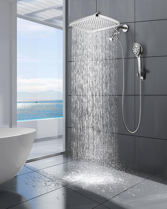 Cobbe 12'' High Pressure Rain Shower Head with Extension Arm - Dual Shower Heads with 8 Modes Handheld Spray Combo - Wide RainFall shower with Anti-Clog Nozzles, Adhesive Showerhead Holder, Chrome