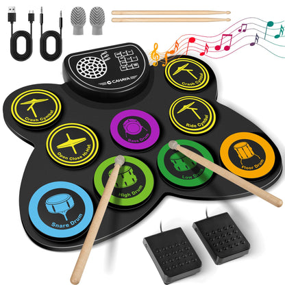 CAHAYA Electronic Drum Pad Set: Roll-up 9-Pads Portable Electric Practice Drum Pads With Built-in Speaker Drum Sticks Foot Pedals Gifts for Kids CY00370-1