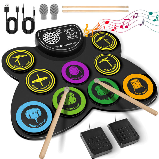 CAHAYA Electronic Drum Pad Set: Roll-up 9-Pads Portable Electric Practice Drum Pads With Built-in Speaker Drum Sticks Foot Pedals Gifts for Kids CY00370-1