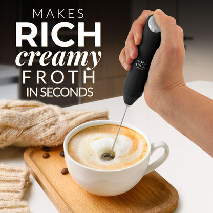 Zulay Kitchen Powerful Milk Frother Wand - Mini Milk Frother Handheld Stainless Steel - Battery Operated Drink Mixer for Coffee, Lattes, Cappuccino, Matcha - Froth Mate Milk Frother Gift - Black