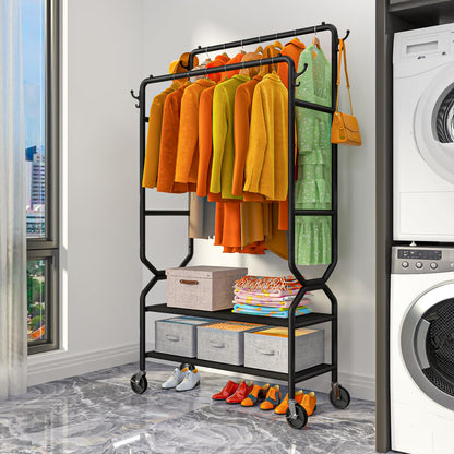 Wiracks Double Rod Rolling Clothes Rack with Shelves