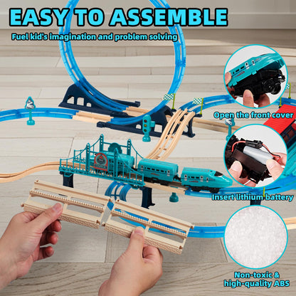 Electric Train Sets, Christmas Trains Toys Rail Head, Passenger Carriages, Tracks, Light & Sounds Rechargeable 360° Transformed DIY Train Track Set Birthday Gifts for Boys Girls