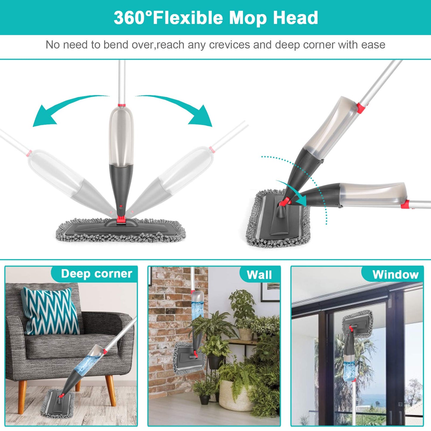 Spray Mop with 3 Washable Pads for Floors