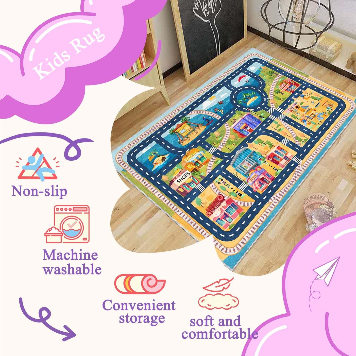 Kids Car Road Play Rug for Playroom