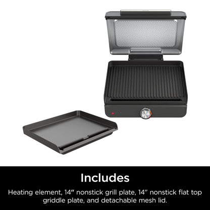 Ninja GR101 Sizzle Smokeless Indoor Grill & Griddle, 14'' Interchangeable Nonstick Plates, Dishwasher-Safe Removable Mesh Lid, 500F Max Heat, Even Edge-to-Edge Cooking, Grey/Silver
