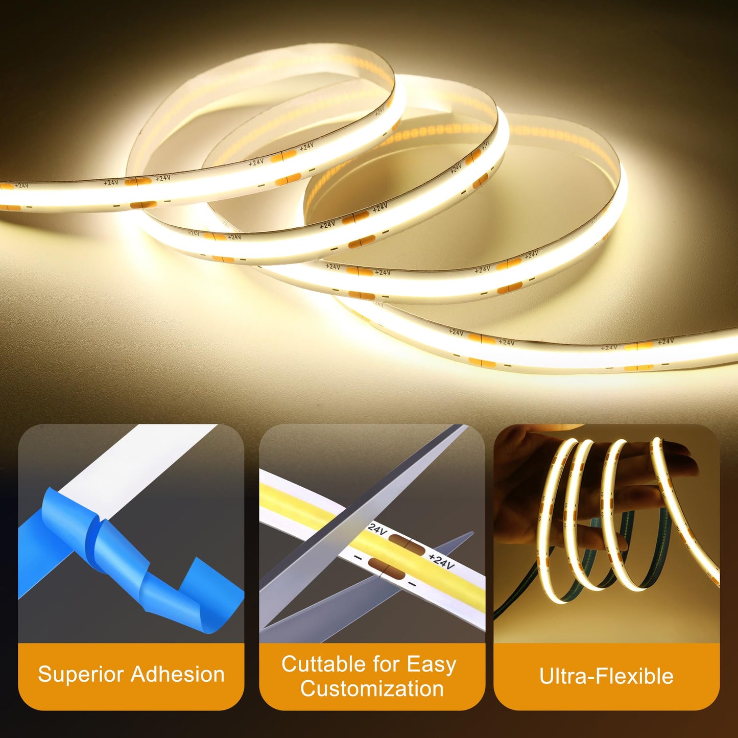 QooWare COB Led Strip Lights, 16.4ft 4000K Natural White LED Strip Lighting, DC24V 2560LEDS CRI 90+ 8mm Flexible Uniform Led Lights for Bedroom, TV, Under Cabinet Lights(No Adapter or Controller)