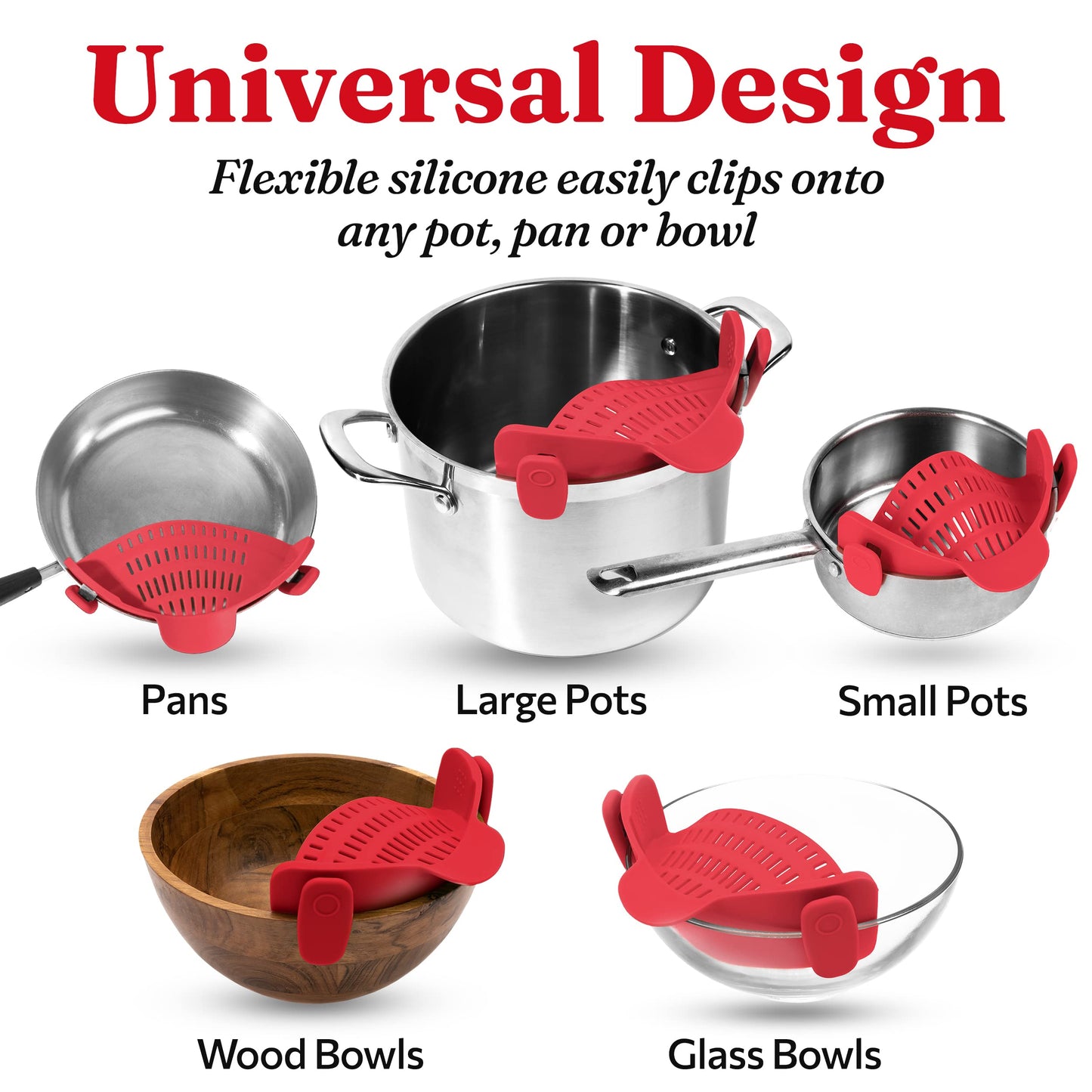 Kitchen Gizmo Snap N Strain Pot Strainer and Pasta Strainer - Adjustable Silicone Clip On Strainer for Pots, Pans, and Bowls - Kitchen Colander - Red Large