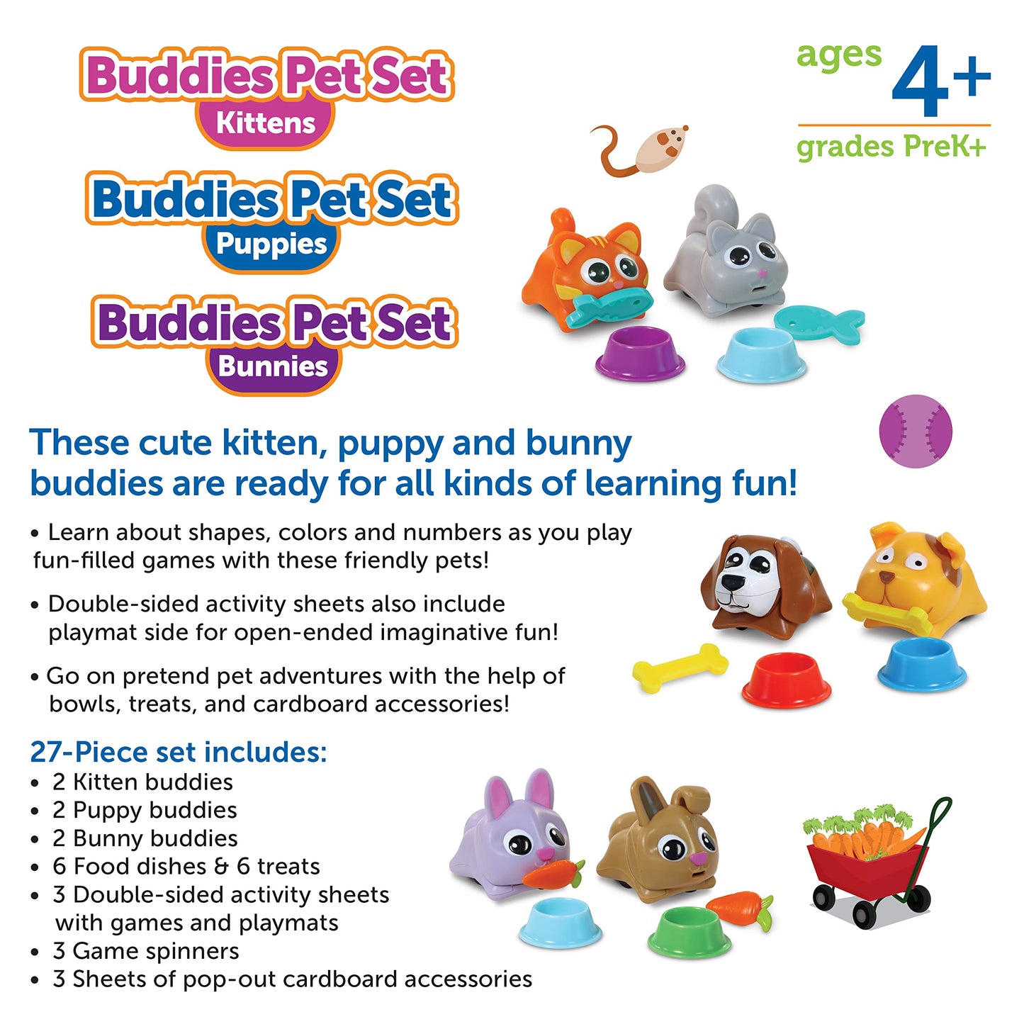 Learning Resources Buddies Pet Set 3 Games in 1 - 27 Pieces, Ages 4+ Preschool Learning Toys, Colors Number Shapes Recognition, Toddler Learning Games