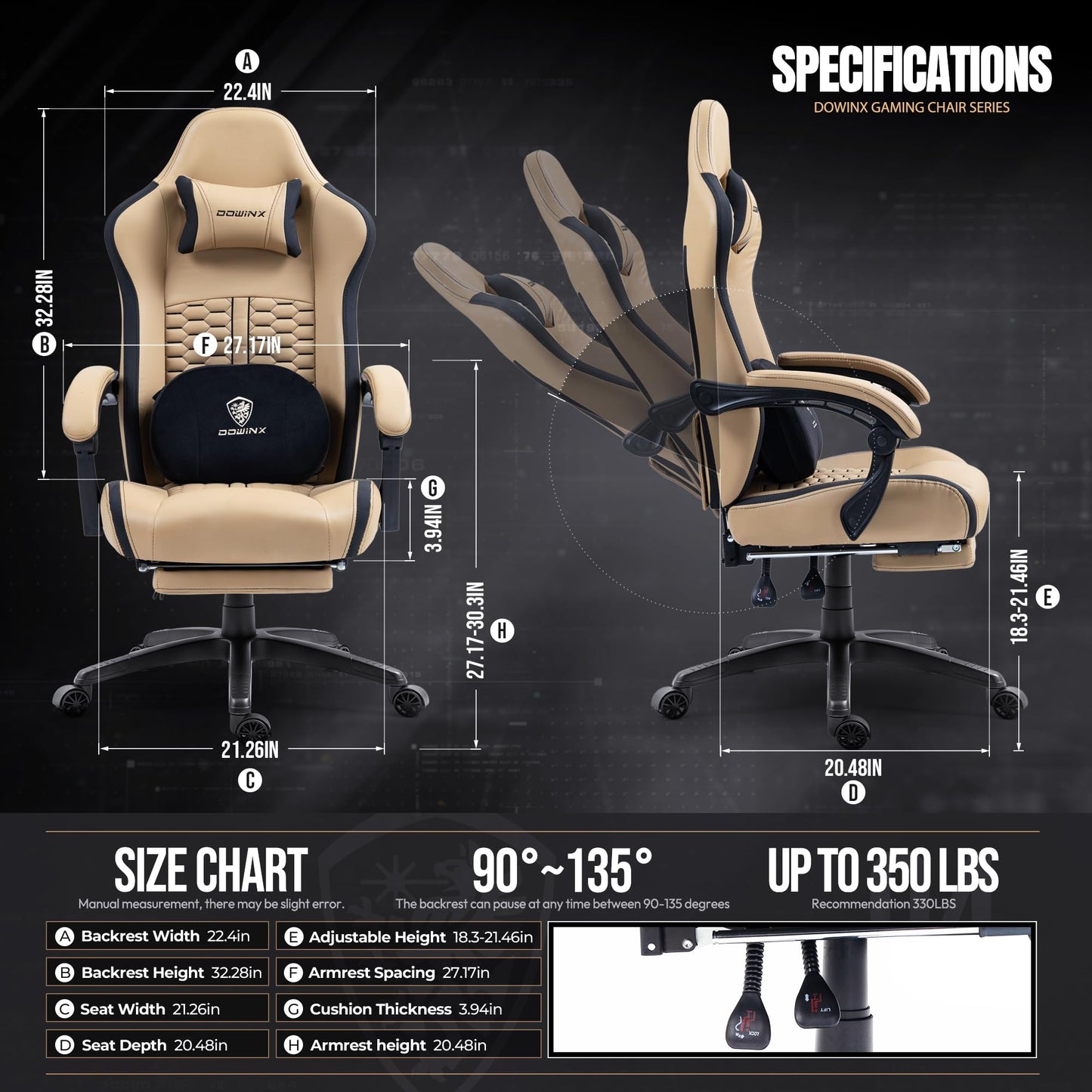 Dowinx Gaming Chair with Heated Massage Lumbar Support, Ergonomic Gamer Computer Chair with Pocket Spring Cushion and Footrest, Big and Tall Gaming Chair High Back PC Chair for Adult, 330lbs, Brown