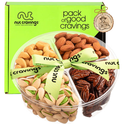 NUT CRAVINGS Gourmet Collection - Rosh Hashana & Shana Tova Mixed Nuts Gift Basket + Green Ribbon (4 Assortments) Arrangement Platter, Birthday Care Package - Healthy Kosher USA Made