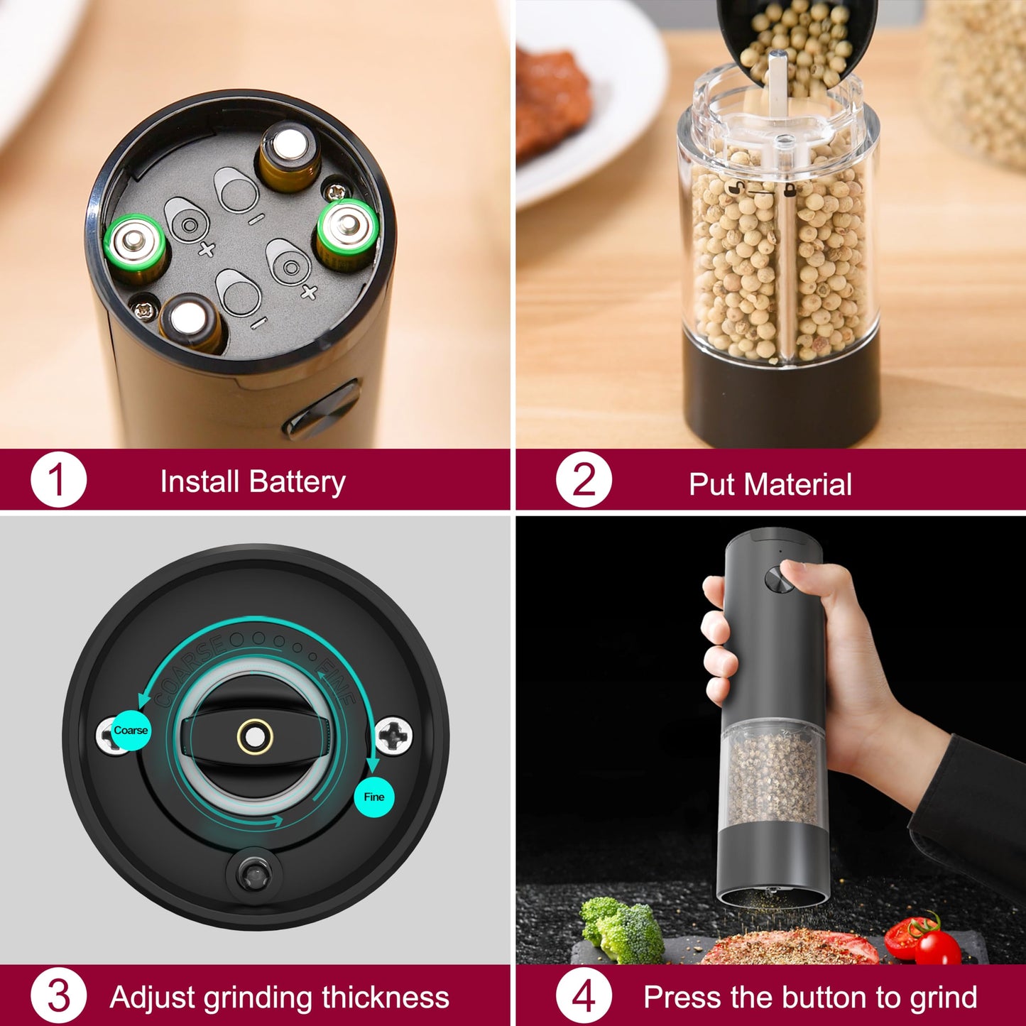 Salt and Pepper Grinder Set, Large Capacity Silo Adjustable Coarseness, Battery Powered with LED Light, One Hand Operated(2 Pack) (ABS+PMMA)