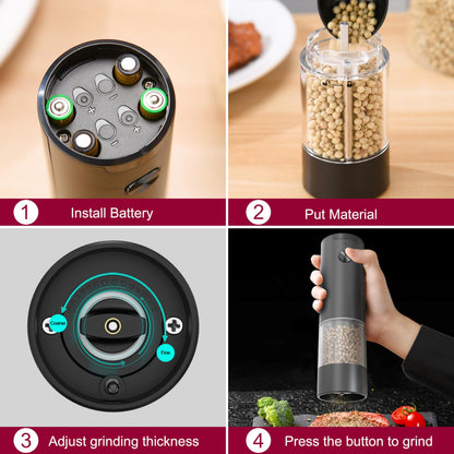 Salt and Pepper Grinder Set, Large Capacity Silo Adjustable Coarseness, Battery Powered with LED Light, One Hand Operated(2 Pack) (ABS+PMMA)