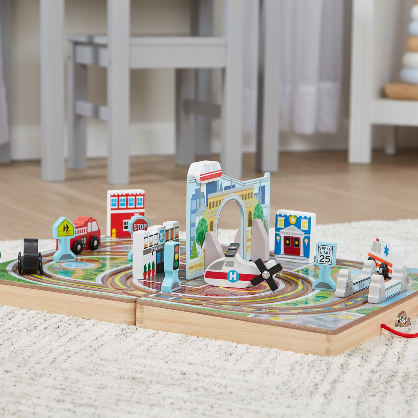 Melissa & Doug 18-Piece Wooden Take-Along Tabletop Town, 4 Rescue Vehicles, Play Pieces, Bridge , 15.4 x 11.0 x 2.6
