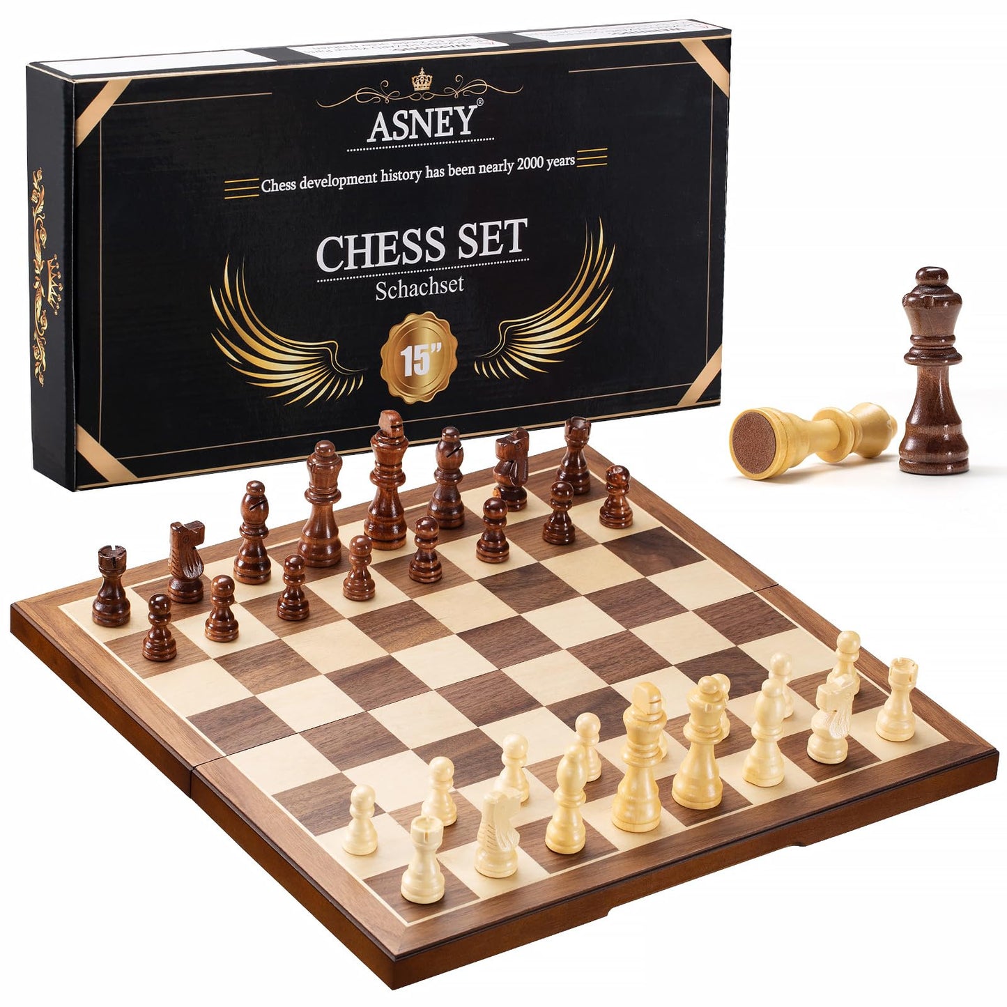 ASNEY Wooden Chess Set for Adults, 15" Folding Portable Travel Chess Board Game Set with Magnetic Closure for Kids Adults and Beginner with 2 Extra Queens