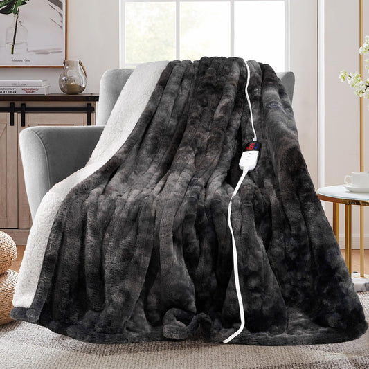 MAXEVE Electric Heated Throw Faux Rabbit Fur Blanket with 6 Heating Levels & 4 Hours Auto Off, Fast Heating Warm Cozy Sherpa Washable Blanket with Over-Heat Protection, ETL Certification, Grey