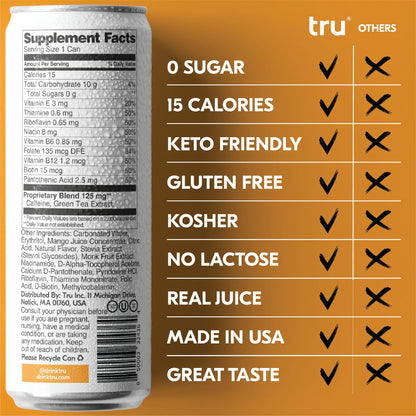 Tru Energy Seltzer, Clean Energy Drinks with Green Tea, Mango Fruit Juice Flavored Sparkling Water, 100 mg Natural Caffeine, Kosher, Gluten Free, Vegan, Low Calories, No Sugar Added Beverages, 12oz (Pack of 12)
