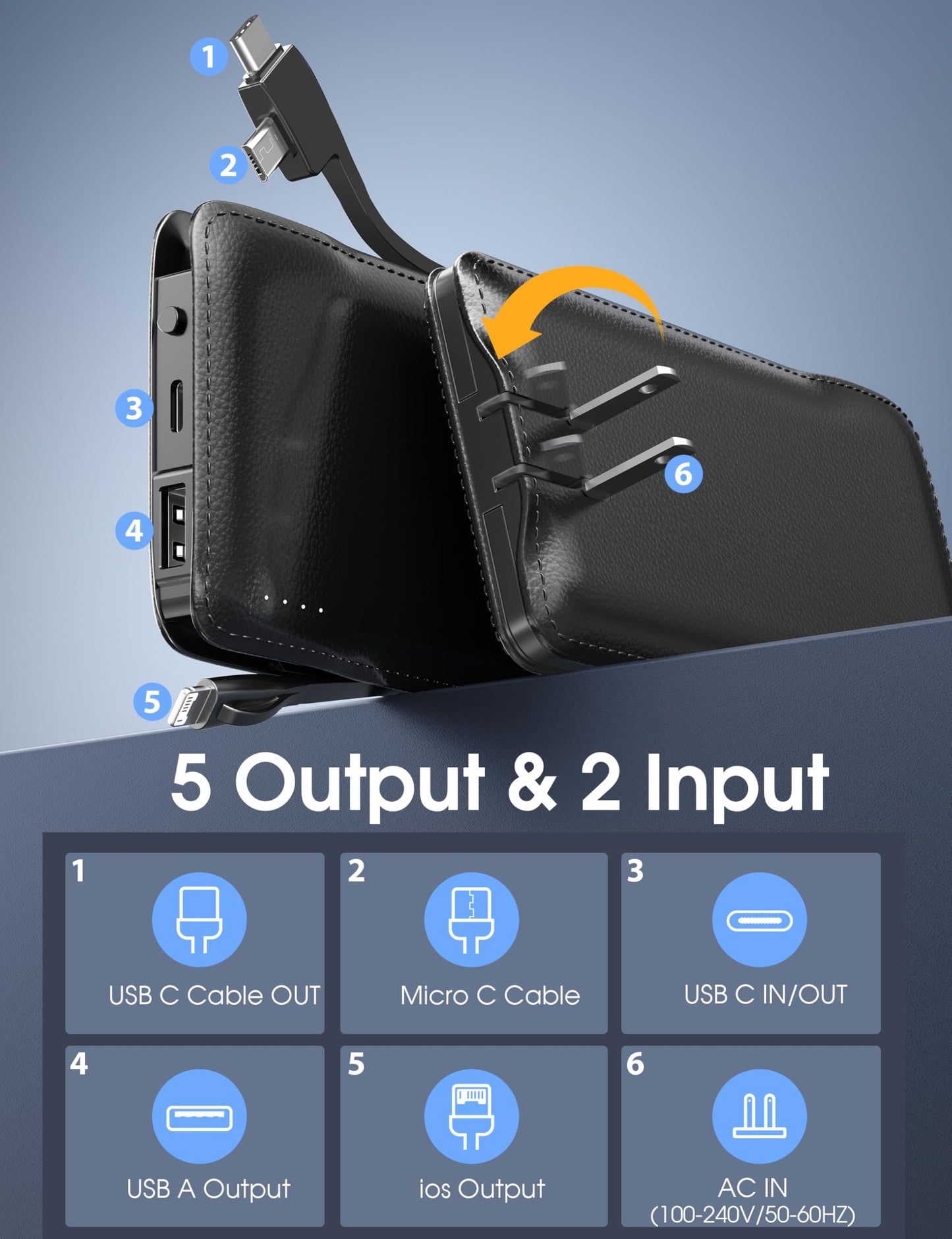 10000mAh Portable Charger with Built-in Plug