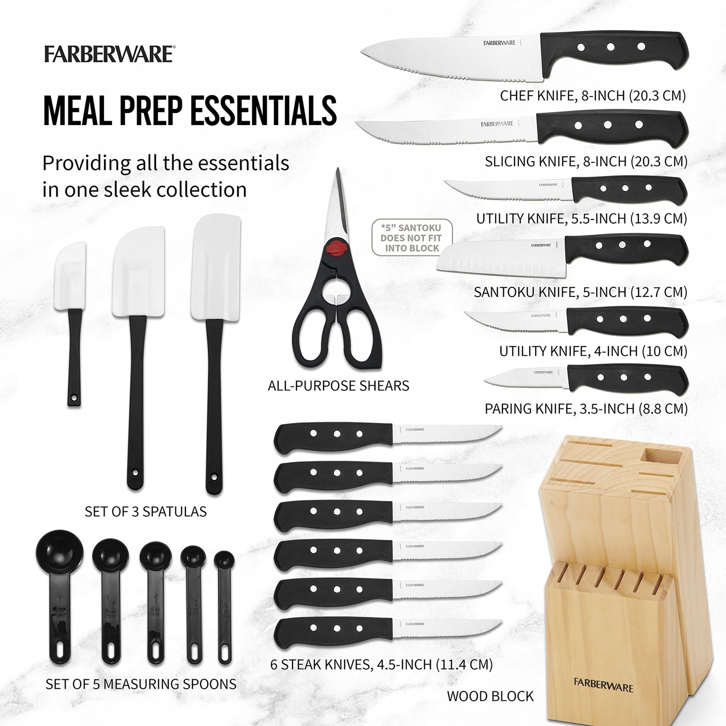 Farberware Triple Rivet High-Carbon Stainless Steel Knife Block and Kitchen Tool Set Precision Cutlery, 22 piece, Black