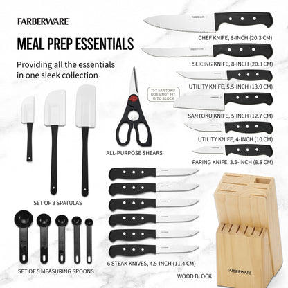 Farberware Triple Rivet High-Carbon Stainless Steel Knife Block and Kitchen Tool Set Precision Cutlery, 22 piece, Black