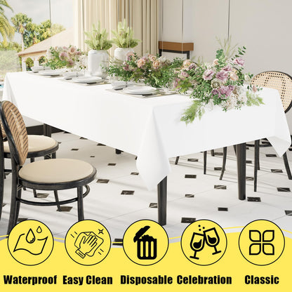 Smiry Disposable Table Cloth - 6 Pack, 54 x 108 Inch Table Cloths for Parties, Decorative Tablecloths for Rectangle Tables, Waterproof Plastic Table Cover, Leakproof & Sturdy, White