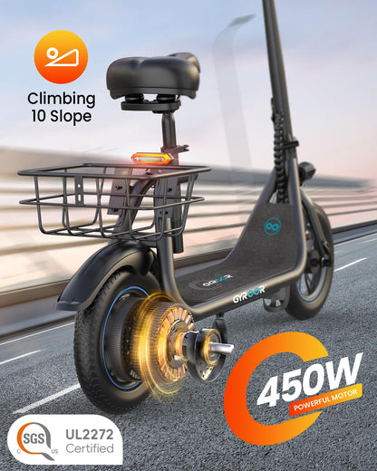 Gyroor Electric Scooter with Seat, 450W Powerful Motor up to 20 Miles Range, Foldable Scooter for Adult Max Speed 15.5Mph, Commuter Electric Scooter with Basket