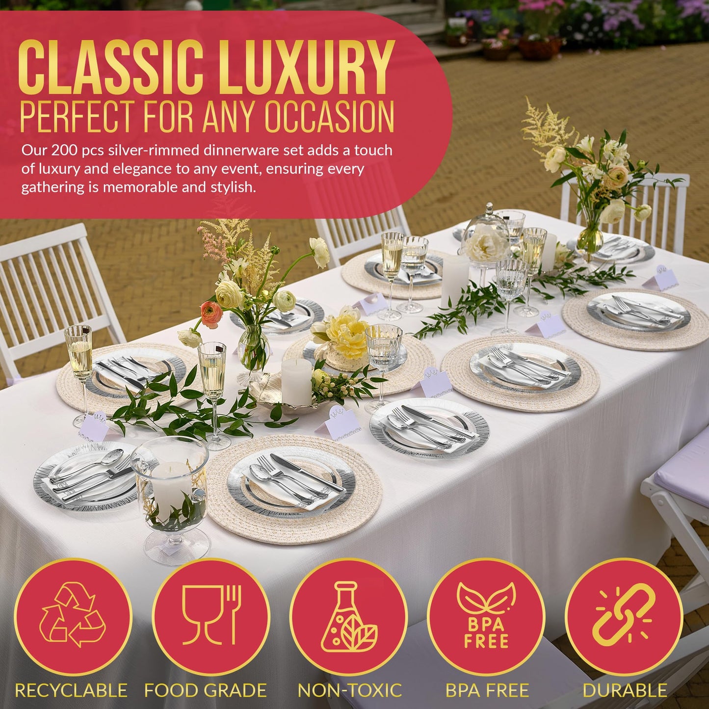 200Pcs Heavy Duty Silver Rimmed Disposable Plates