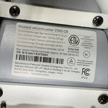 Segway Ninebot eKickScooter ZING C8, Electric Kick Scooter for Kids, Teens, Boys and Girls, Lightweight and Foldable, Light Grey & Yellow