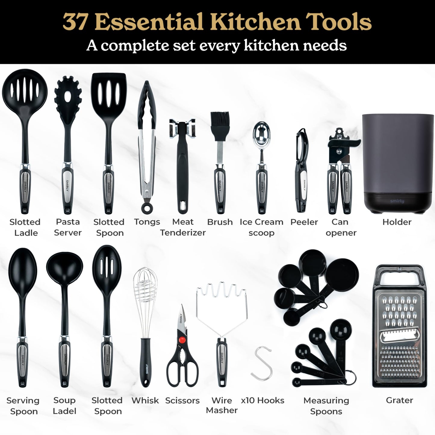 Silicone Kitchen Utensils Set & Holder: Cooking Utensils Set - Kitchen Essentials for New Home & 1st Apartment- Silicone Spatula Set, Cooking Spoons for Nonstick Cookware (Stainless Steel, Black)