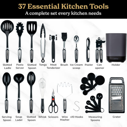 Silicone Kitchen Utensils Set & Holder: Cooking Utensils Set - Kitchen Essentials for New Home & 1st Apartment- Silicone Spatula Set, Cooking Spoons for Nonstick Cookware (Stainless Steel, Black)