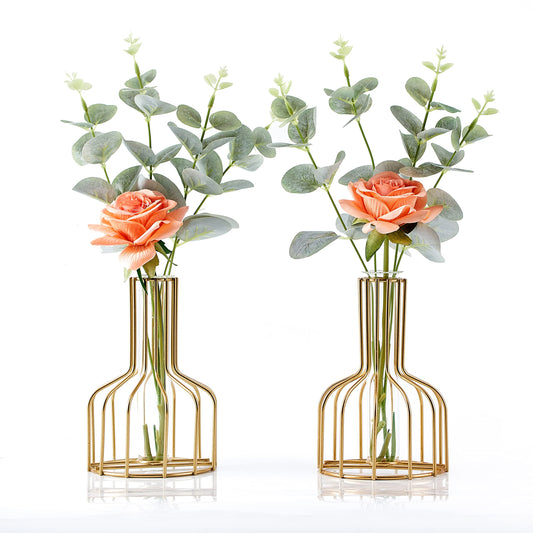 2PC Gold Vase for Centerpieces Home Decor, Clear Glass Test Tube Vases Decorative, 3.9" W x 5.9" H Metal Modern Flower Vase, Small Bud Vases Gifts for Women Wedding Living Room Table Decorations