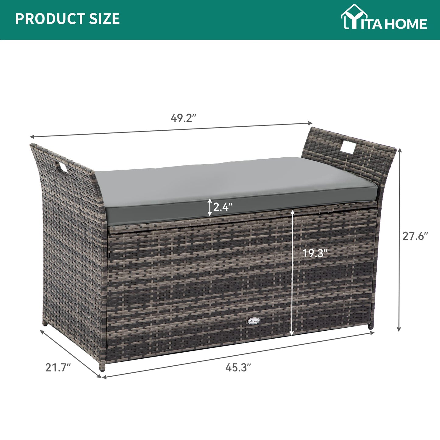 YITAHOME 90 Gallon Outdoor Wicker Storage Bench w/Cushion, Large PE Rattan Deck Storage Box w/Handles & Hydraulics for Patio Furniture, Cushions, Garden Tools, Pool & Sports Equipment, Gray