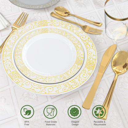 GreenElevate Plastic Plates, 150 Pieces Disposable Plates Plastic Dinnerware Set for 25 Guests: 25 Dinner Plates, 25 Dessert Plates, 25 Forks, 25 Spoons, 25 Knives, 25 Cups, Gold Party Plates