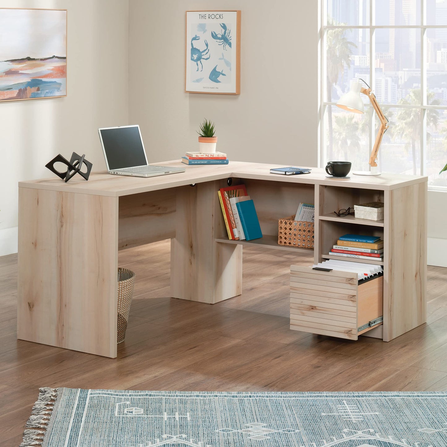 Sauder Harvey Park L-Shaped Home Office Desk, 59.06" x W: 59.06" x H: 30.0", Pacific Maple