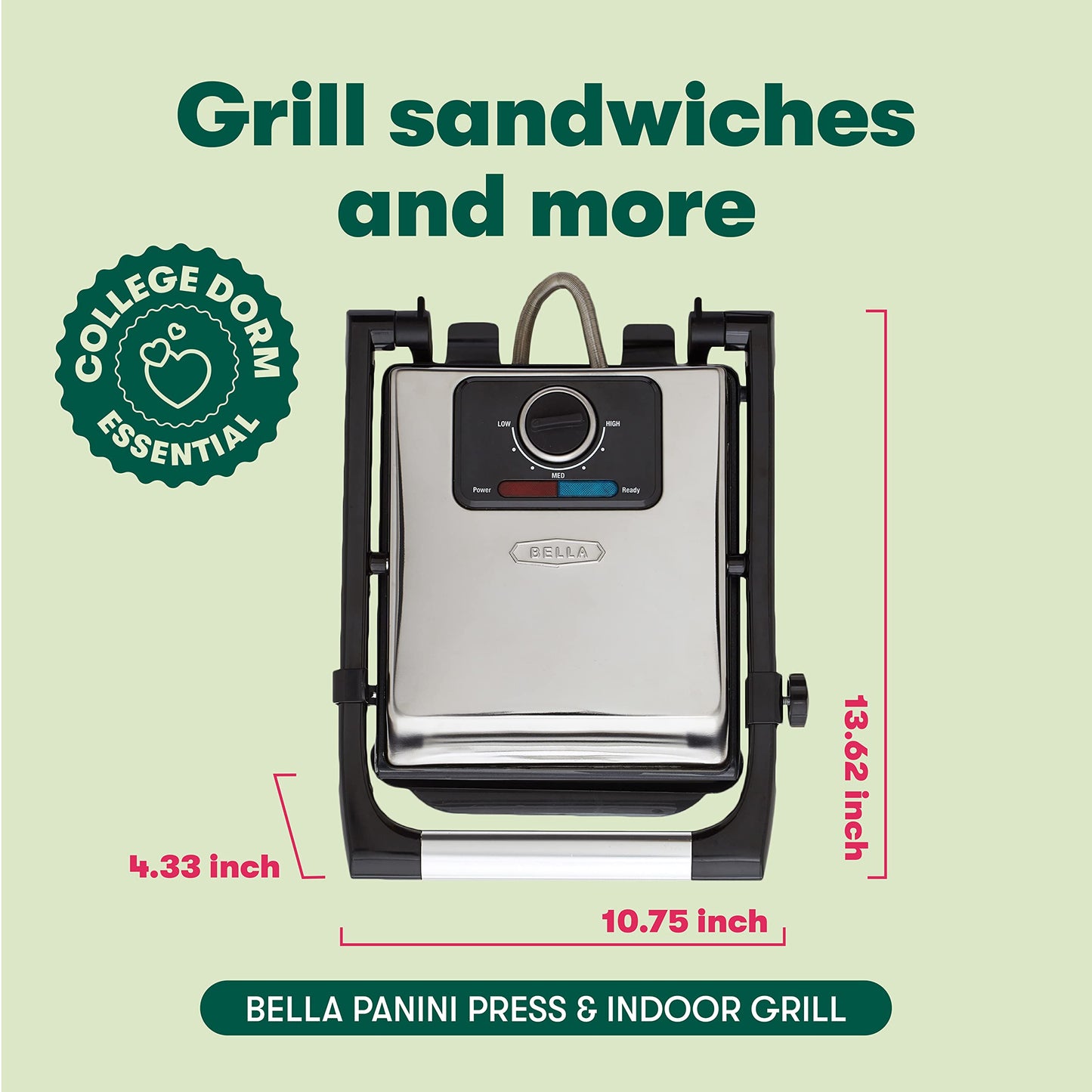 BELLA Panini Press, Sandwich Maker and Electric Indoor Grill with Double Nonstick Plates, Height Adjustable Lid and Removable Drip Tray, Stainless Steel