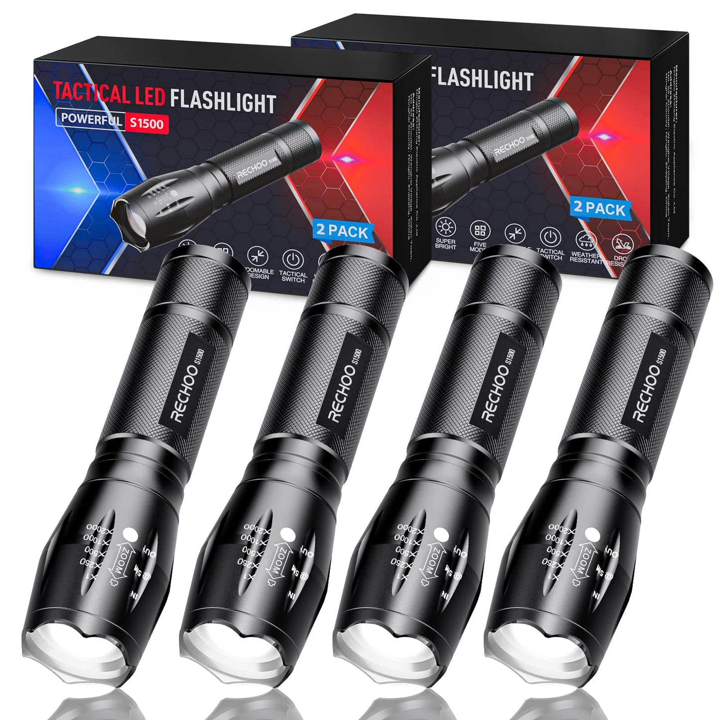 RECHOO LED Tactical Flashlight 4-Pack, Waterproof