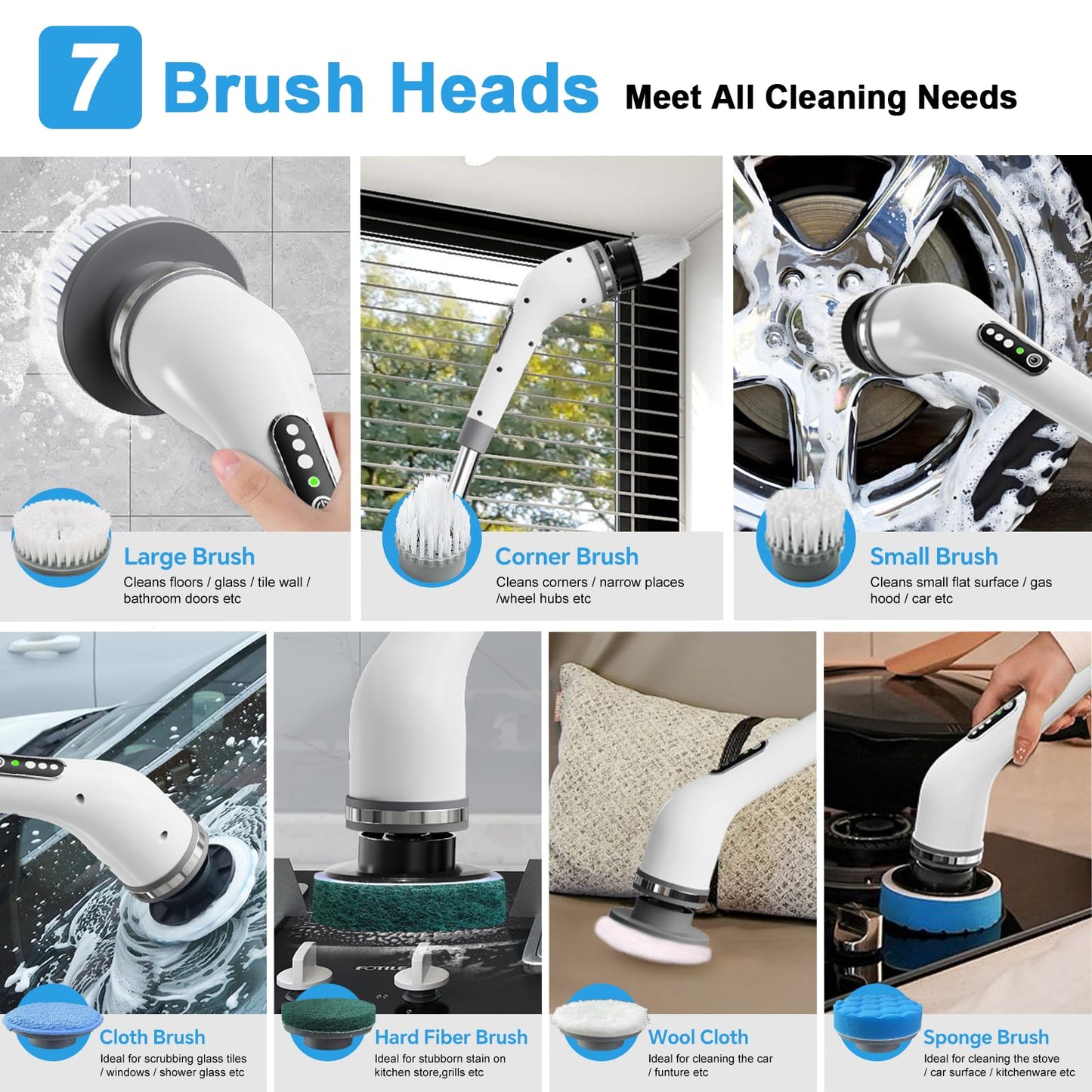 Shower Cleaner - Bathroom Cleaner -kitchen gadgets- Electric Spin Scrubber - Christmas day Gifts for Women Electric Scrubber for Cleaning with 7 Replaceable Heads White Elephant Gifts for Adults women