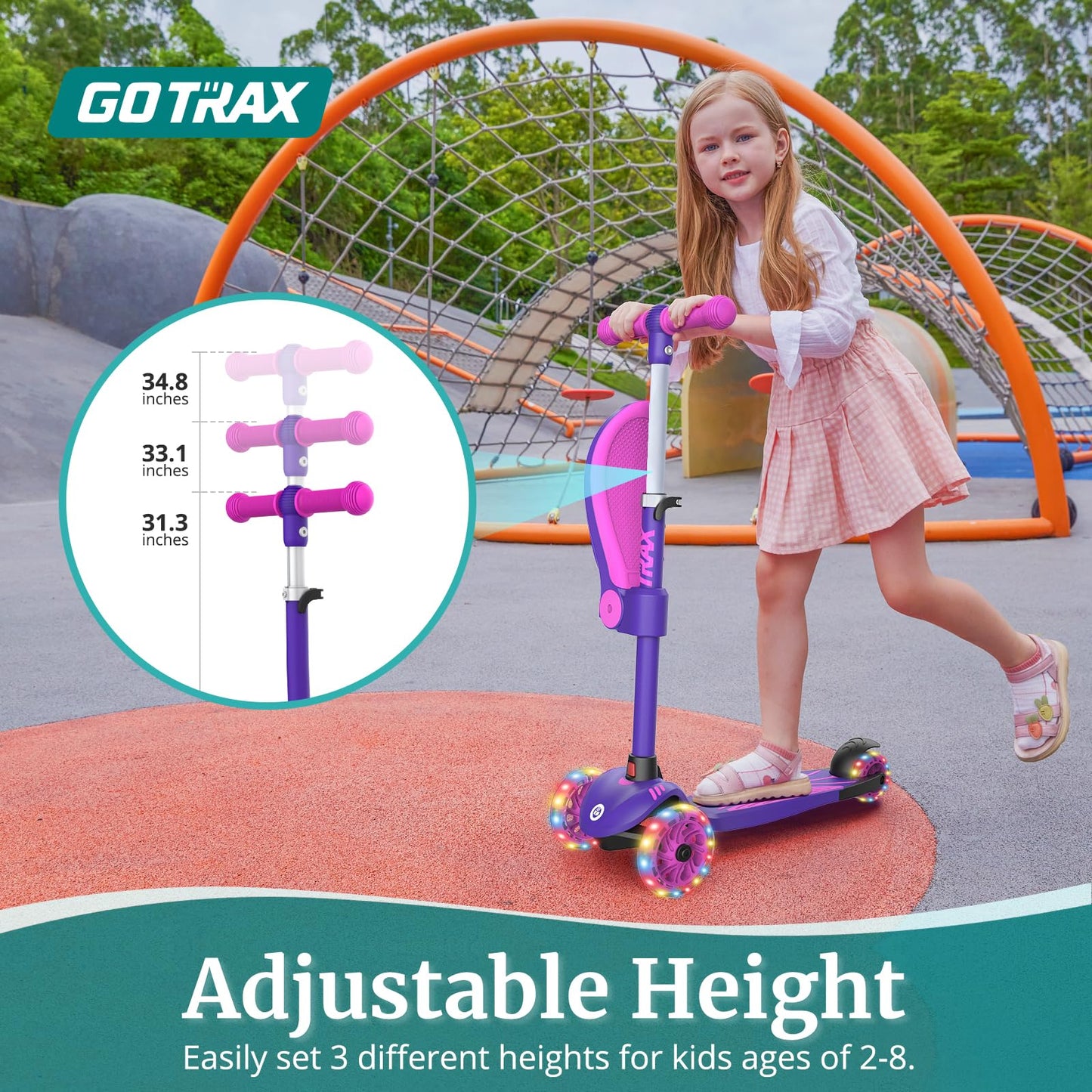 Gotrax KS3 Kids Kick Scooter, LED Lighted Wheels, Adjustable Height Handlebars and Removable Seat, Lean-to-Steer & Widen Anti-Slip Deck, 3 Wheel Scooter for kids Ages 2-8 and up to 100 Lbs (Purple)