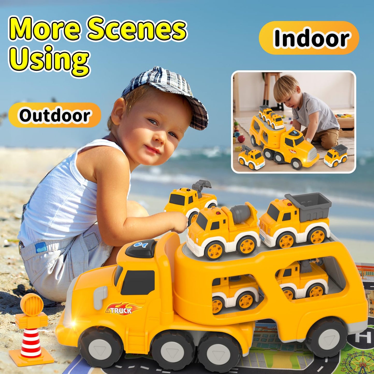 Newcrave Toddler Toys for 2 3 4 5 Year Old Boys, 8 in 1 Construction Trucks Vehicle Playset with Play Mat, Construction Truck Toddler Toys Car for 1 2 3 4 5 Year Old Boys Birthday Gifts